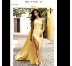 Style 54429 Sherri Hill Yellow Size 00 One Shoulder Floor Length Side slit Dress on Queenly