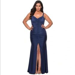 La Femme Blue Size 18 Floor Length Jersey V Neck Side Slit Mermaid Dress on Queenly