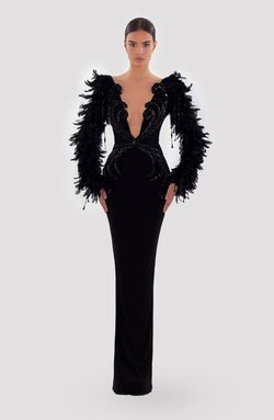Style AD5012 Albina Dyla Black Size 4 Floor Length Feather Straight Dress on Queenly