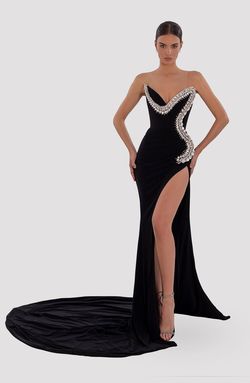 Style AD5017 Albina Dyla Black Size 16 Corset Sequined Floor Length Side slit Dress on Queenly