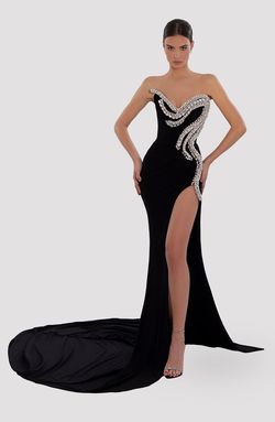 Style AD5025 Albina Dyla Black Size 4 Tall Height Train Jewelled Pageant Side slit Dress on Queenly