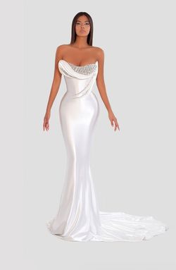 Style AD5033 Albina Dyla White Size 0 Tall Height Train Pageant Corset Straight Dress on Queenly