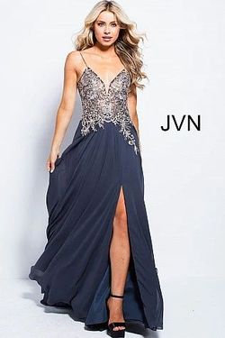 Style JVN55885 JVN Silver Size 10 Spaghetti Strap Floor Length Black Tie A-line Dress on Queenly