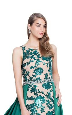 Style 1812P5387 Terani Couture Green Size 4 Boat Neck Floor Length Sequin Pattern Train Dress on Queenly