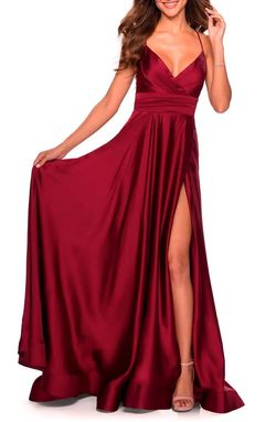 La Femme Red Size 0 Floor Length Plunge 50 Off Silk Side slit Dress on Queenly