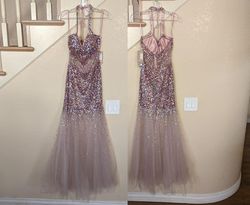 Style Mauve Sequined & Rhinestone Halter Sheer Illusion Mermaid Gown Amelia Purple Size 4 Prom Floor Length Polyester Mermaid Dress on Queenly