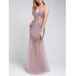 Style Mauve Sequined & Rhinestone Halter Sheer Illusion Mermaid Gown Amelia Purple Size 4 Military Mermaid Dress on Queenly