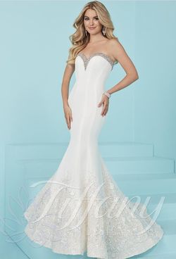 Style 16214 Tiffany White Size 8 Floor Length Strapless Fitted Train Mermaid Dress on Queenly