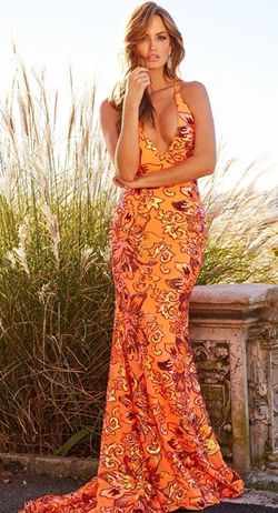 Style 08462 Jovani Orange Size 0 Prom Train Backless Side slit Dress on Queenly