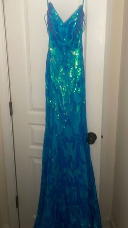 Jovani Blue Size 00 Train Backless Mermaid Dress on Queenly
