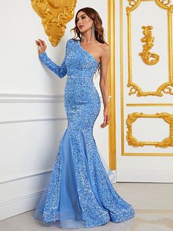 Style FSWD1056 Faeriesty Blue Size 0 One Shoulder Long Sleeve Sequined Mermaid Dress on Queenly