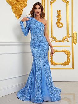 Style FSWD1056 Faeriesty Blue Size 12 One Shoulder Long Sleeve Sequined Mermaid Dress on Queenly