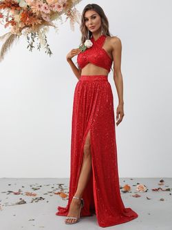 Style FSWU9002 Faeriesty Red Size 4 Halter Sequin Straight Dress on Queenly