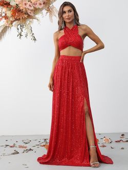 Style FSWU9002 Faeriesty Red Size 16 Halter Sequin Straight Dress on Queenly