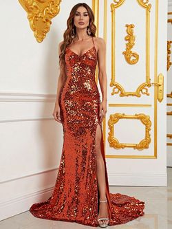 Style FSWD1076 Faeriesty Red Size 12 Jersey Sequined Tall Height Side slit Dress on Queenly