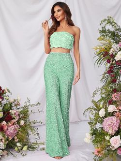 Style FSWU0357 Faeriesty Light Green Size 12 Strapless Sequined Jumpsuit Dress on Queenly