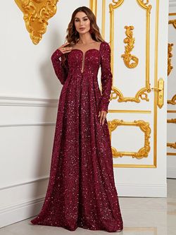 Style FSWD0790 Faeriesty Red Size 0 Long Sleeve Sequin Military Sweetheart A-line Dress on Queenly