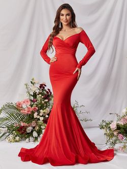 Style FSWD0769 Faeriesty Red Size 4 Long Sleeve Jersey Mermaid Dress on Queenly