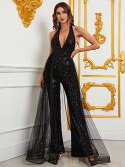 Style FSWB7031 Faeriesty Black Size 0 Sequined Backless Jewelled Halter Jumpsuit Dress on Queenly