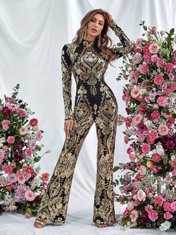 Style FSWB7013 Faeriesty Gold Size 0 Long Sleeve Sequin Tall Height Jumpsuit Dress on Queenly