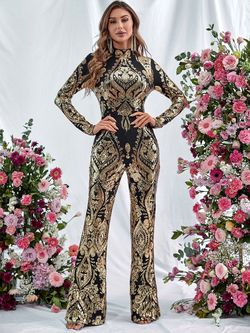 Style FSWB7013 Faeriesty Gold Size 4 Long Sleeve Sequin Tall Height Jumpsuit Dress on Queenly