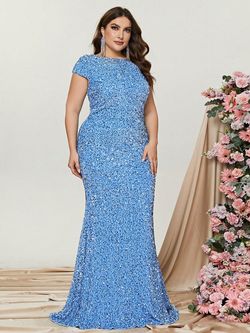 Style FSWD0543P Faeriesty Blue Size 20 Sequined Jersey Sequin Mermaid Dress on Queenly