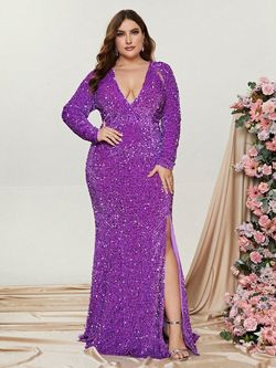 Style FSWD0590P Faeriesty Purple Size 24 Plunge Sequined Floor Length Straight Dress on Queenly