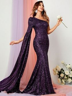 Style FSWD0789 Faeriesty Purple Size 12 Plus Size Sequin One Shoulder Euphoria Side slit Dress on Queenly