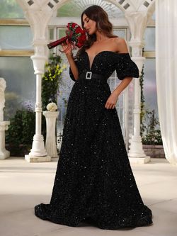 Style FSWD0724 Faeriesty Black Size 0 Jersey Military Floor Length Sequin A-line Dress on Queenly