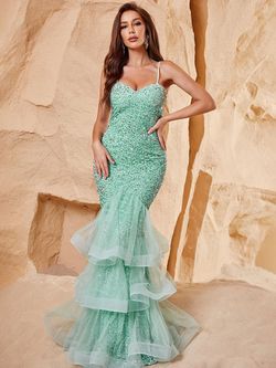 Style FSWD0174 Faeriesty Green Size 4 Spaghetti Strap Backless Cut Out Jewelled Mermaid Dress on Queenly