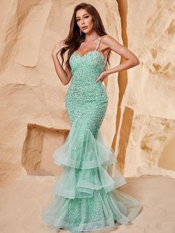 Style FSWD0174 Faeriesty Green Size 4 Spaghetti Strap Backless Cut Out Jewelled Mermaid Dress on Queenly