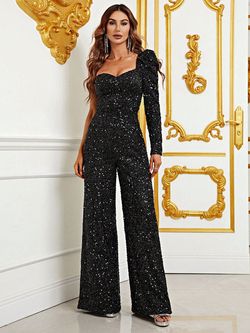 Style FSWB0035 Faeriesty Black Size 4 One Shoulder Long Sleeve Sweetheart Sequined Jumpsuit Dress on Queenly
