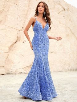 Style FSWD0620 Faeriesty Blue Size 12 Spaghetti Strap Jewelled Mermaid Dress on Queenly