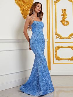 Style FSWD0586 Faeriesty Blue Size 0 Sequin Corset Polyester Spaghetti Strap Mermaid Dress on Queenly