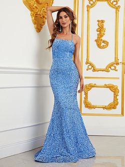 Style FSWD0586 Faeriesty Blue Size 0 Floor Length Tall Height Polyester Sequined Mermaid Dress on Queenly