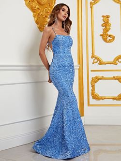 Style FSWD0586 Faeriesty Blue Size 16 Spaghetti Strap Corset Sequin Mermaid Dress on Queenly