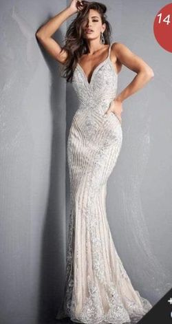 Style 05752 Jovani Silver Size 8 Appearance Floor Length Jewelled Mermaid Dress on Queenly