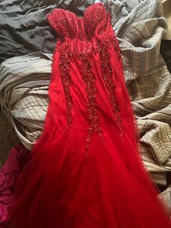 Jovani Red Size 18 Lace Plus Size Tulle Mermaid Dress on Queenly