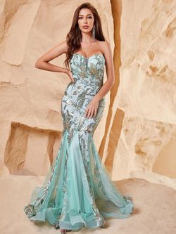 Style FSWD1101 Faeriesty Green Size 12 Jersey Plus Size Sheer Tall Height Jewelled Mermaid Dress on Queenly