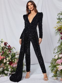Style FSWB0049 Faeriesty Black Size 0 Jewelled Tall Height Polyester Sequined Jumpsuit Dress on Queenly