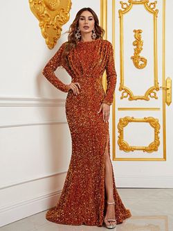 Style FSWD0602 Faeriesty Orange Size 0 Long Sleeve Mermaid Jersey Side slit Dress on Queenly