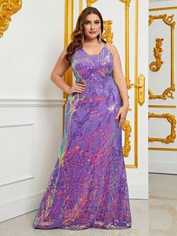Style FSWD0701P Faeriesty Purple Size 28 Jersey Sequin Floor Length Plus Size Mermaid Dress on Queenly