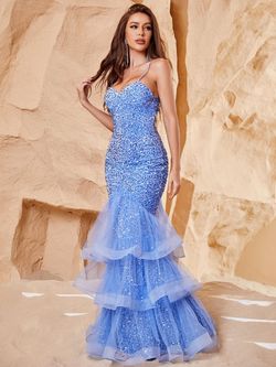Style FSWD0174 Faeriesty Blue Size 16 Cut Out Backless Spaghetti Strap Jewelled Mermaid Dress on Queenly