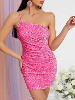Style FSWD1011 Faeriesty Pink Size 4 Mini Jewelled Nightclub One Shoulder Jersey Cocktail Dress on Queenly