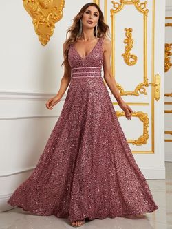 Style FSWD0776 Faeriesty Pink Size 0 Sequined Floor Length Jewelled Belt Jersey A-line Dress on Queenly
