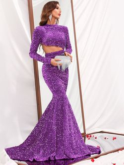 Style FSWD0414 Faeriesty Purple Size 0 Long Sleeve Sequined Prom Tall Height Mermaid Dress on Queenly
