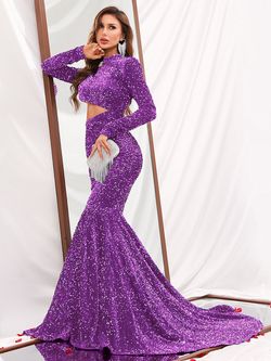 Style FSWD0414 Faeriesty Purple Size 0 Jewelled Long Sleeve Jersey Mermaid Dress on Queenly