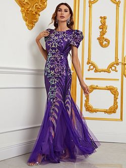Style FSWD0839 Faeriesty Purple Size 16 Sheer Military Plus Size Tall Height Mermaid Dress on Queenly