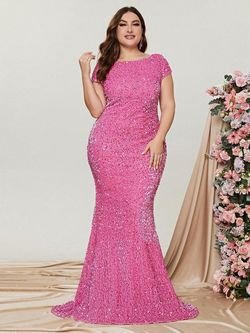 Style FSWD0543P Faeriesty Pink Size 20 Sequined Plus Size Floor Length Jewelled Mermaid Dress on Queenly