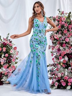 Style FSWD1078 Faeriesty Blue Size 0 Sheer Sequin Military Mermaid Dress on Queenly